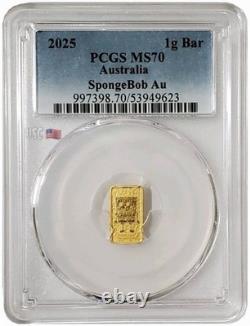 2025 1 Gram GOLD SPONGEBOB SQUAREPANTS PCGS MS70 Gold Shield Label Bar