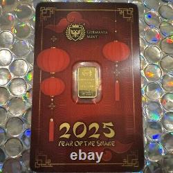 2025 Germania Mint 1 Gram Gold Bar. Year Of The Snake In Assay 999.9 Fine