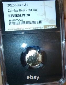 2026 $1 Niue Zombie Beer 1 Gram Gold 9kt NGC PF70 Reverse Proof Highest Grade