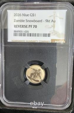 2026 1g Gold Zombie Snowboard $1 Niue 9kt Collectable Coin Reverse PF70