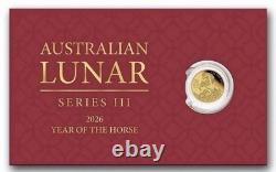 2026 Australia Lunar Year of The Horse Proof 1/2 Gram Gold Coin in Card