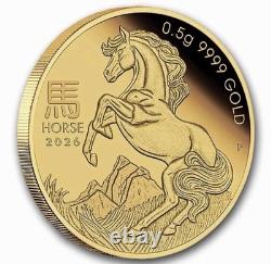 2026 Australia Lunar Year of The Horse Proof 1/2 Gram Gold Coin in Card