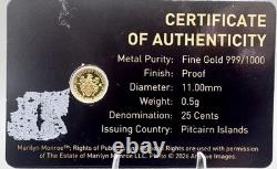 2026 Marilyn Monroe 1/2 Gram. 999 Gold Proof 25c Pitcairn Islands COA Tower Mint