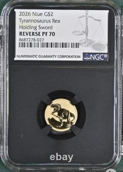 2026 NIUE G$2 TYRANNOSAURUS REX HOLDING SWORD REVERSE PF70 2 Grams Gold