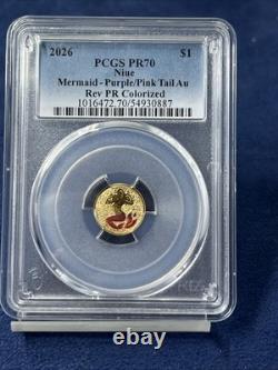 2026 Niue 1 Gram Gold Mermaid Pink Tail Rev Proof PCGS PR70 22KT Gold LOT Z-576