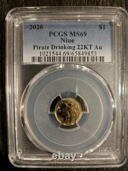 2026 Niue $1 Pirate Drinking 22KT Au Gold Coin PCGS MS69 1 Gram Gold Coin