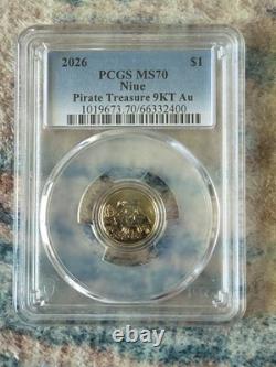 2026 Niue $1 Pirate Treasure 1 gram 9KT Gold Coin graded PCGS MS70
