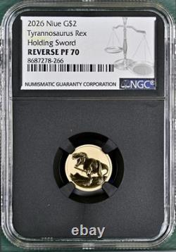 2026 Niue 2 Gram Gold Ngc Reverse Pf70 Tyrannosaurus Rex Holding Sword