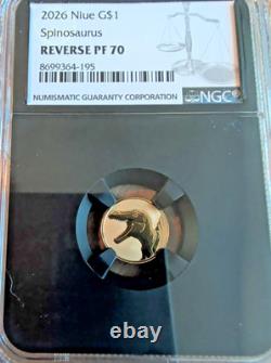 2026 Niue G$1 Spinosaurus Reverse PF 70 22KT Gold Coin 1 Gram NGC Certified