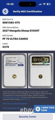2027 Mongolia Gold Sheep 1000T NGC PF70 Ultra Cameo First Releases COA 0.5g