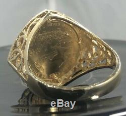 22 KT 1/10 oz Lady Liberty Coin Set In 14KT Yellow Gold Ring Sz 10.5 9 Grams
