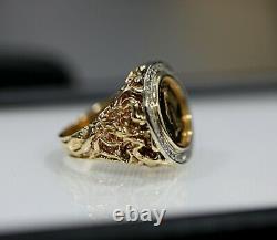 22K Coin Diamond Bezel Nugget Mens Ring 14K Gold Heavy 17 Grams Size 9,5