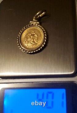22K Gold 1945 Pesos Coin 14K Gold Rope Bezel Large Pendant 4.1 Grams Dos Y Medio
