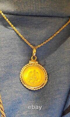 22K Gold 1945 Pesos Coin 14K Gold Rope Bezel Large Pendant 4.1 Grams Dos Y Medio