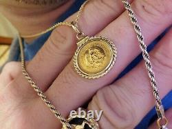 22K Gold 1945 Pesos Coin 14K Gold Rope Bezel Large Pendant 4.1 Grams Dos Y Medio