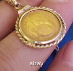 22K Gold 1945 Pesos Coin 14K Gold Rope Bezel Large Pendant 4.1 Grams Dos Y Medio