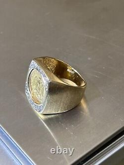 22k 1945 Mexican Dos 2 Pesos Coin 14k SI1 Diamond Yellow Gold Size 5 Ring 7 Gram