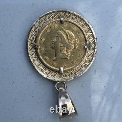 22k Gold Coin 1853-O Liberty Head $ 1 Dollar Mouth In 14k Gold Pendant 3.4 Grams