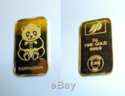 24K China PANDA 5 Gram Gold Bar 999.9 Fine Coin Pandagram Bear RARE