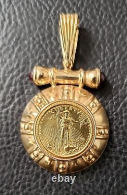 24K Gold Liberty Coin 14k Gold Pendant Frame Garnet Cabochons Enhancer 11 grams