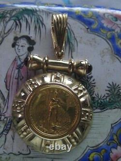 24K Gold Liberty Coin 14k Gold Pendant Frame Garnet Cabochons Enhancer 11 grams