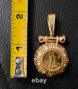 24K Gold Liberty Coin 14k Gold Pendant Frame Garnet Cabochons Enhancer 11 grams