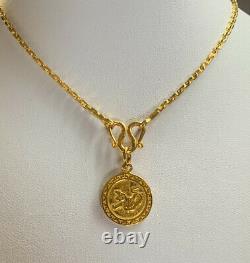 24K Solid Yellow Gold Lucky Coin Pendant & Tiff Link Necklace14.87Grams(1787$)