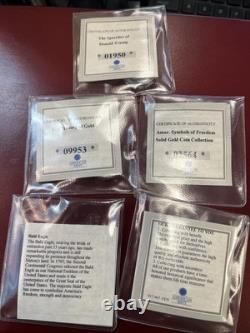 5 AMERICAN MINT US HISTORY of GOLD EAGLE 14K Gold Proof Round Lot 0.5 Grams Each