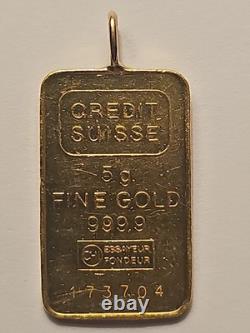 5 Gram Credit Suisse Solid Gold Bar with Bezel Loop For Necklace X-Rayed 100% Real