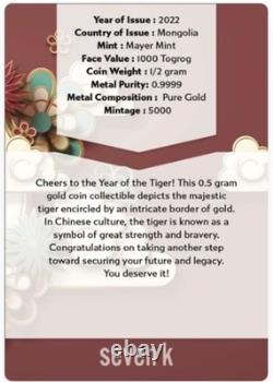 7k Metals 2022 Year of the Tiger Lunar Series 1/2g Gold NGC PF70 UCAM Mint 5000