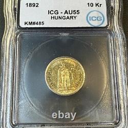 AU55 1892 KB Hungary Franz Joseph Gold 10 Korona 3.39g BETTER DATE FIRST YEAR