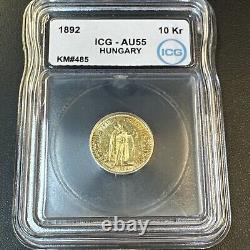 AU55 1892 KB Hungary Franz Joseph Gold 10 Korona 3.39g BETTER DATE FIRST YEAR