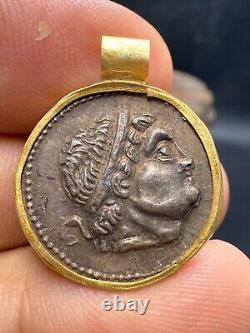 Ancient 18k gold pendant with a Greek Roman silver coin rare 7.1 grams