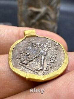 Ancient 18k gold pendant with a Greek Roman silver coin rare 7.1 grams