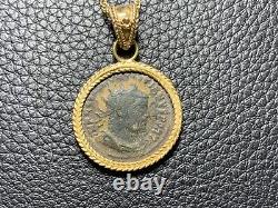 Ancient Roman Bronze Coin in 18K Yellow Gold Pendant for Necklace. 6 grams total