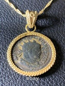 Ancient Roman Bronze Coin in 18K Yellow Gold Pendant for Necklace. 6 grams total