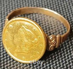 Antique 1849-54 $1 Liberty Head Gold Coin (Type 1) 10k Ring-Size 7.5 2.84 grams