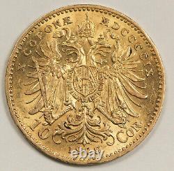 Austria 1909 10 Corona 3.38 gram Gold Coin Choice AU KM# 2815 Original Strike