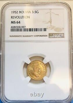 Bolivia 1952 Gold (3.5 Grams) UNC 1952 Revolution Commemorative NGC MS64