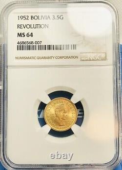 Bolivia 1952 Gold (3.5 Grams) UNC 1952 Revolution Commemorative NGC MS64