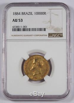 Brazil 1884 10000 Reis 9 Gram Gold Coin NGC AU53 KM#467 Pedro II 0.2643 Oz AGW