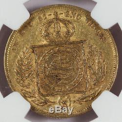 Brazil 1884 10000 Reis 9 Gram Gold Coin NGC AU53 KM#467 Pedro II 0.2643 Oz AGW