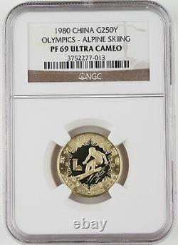 CHINA 1980 Winter Olympics 8 Gram Gold Proof Coin NGC PF69 Alpine Skiing 250Y