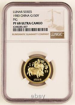 CHINA 1983 Year of Pig 8 Gram Gold Proof 150 YUAN Coin NGC PF68 Ultra Cameo RARE