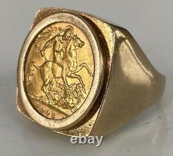 CHNKY HEAVY 11.5 GRAM 22ct Gold 1908 George HALF Sovereign Coin in 9ct Gold Ring