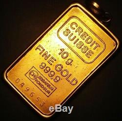 CREDIT SUISSE 10 gram 24K Gold Bar in 14K Pendant. Ingot/charm/coin/medal/token