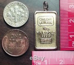 CREDIT SUISSE 10 gram 24K Gold Bar in 14K Pendant. Ingot/charm/coin/medal/token