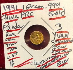 China Prc Mint Circulated 1991 Panda Bear Three Yuan Old One Gram. 999 Gold Coin