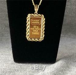 Credit Suisse 2.5 gram. 999 Fine Gold Ingot 14k yellow gold rope Bezel Pendant