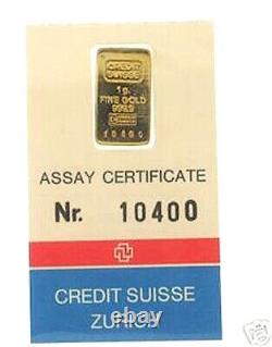 Credit Suisse Ingot 1 Gram Fine Gold With Assay Cerfificate